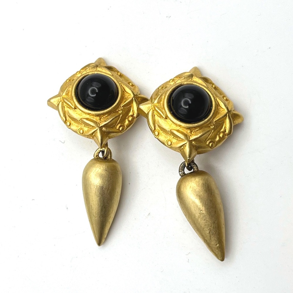 Vintage P.H. Gold Tone Black Cabochon Teardrop Dangle Clip On Earrings Statement